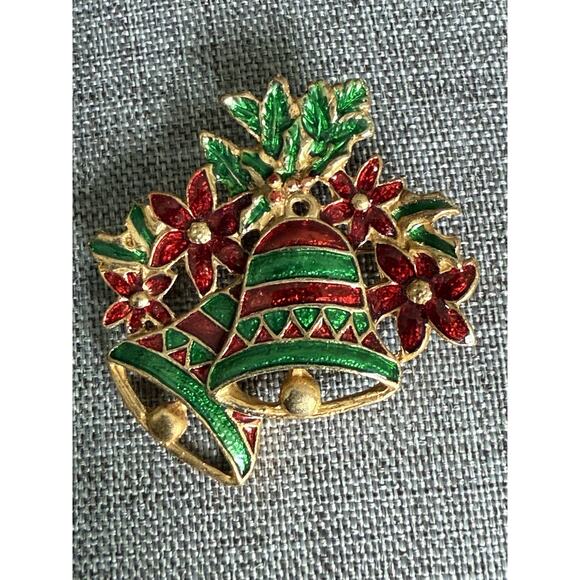 Vintage Enamel Double Christmas Bell Holly Brooch Red Green Statement Holiday - Picture 3 of 4